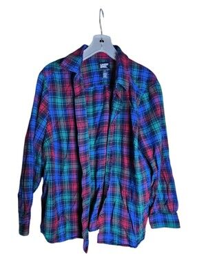 Lands' End 1X Plaid Flannel Shirt Blue Green Red 100% Cotton Button Front
